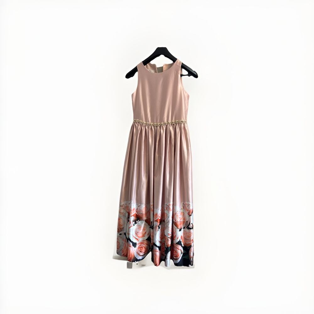 Belle by Badgley Mischka Girl Floral Pink Satin Border Maxi Dress Size 16 FLAW